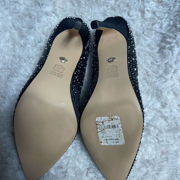 NINA RYOKO FABRIC BLACK CRYSTAL EMBELLISHED SLIP ON HEELS SZ8.5M - Picture 10 of 10